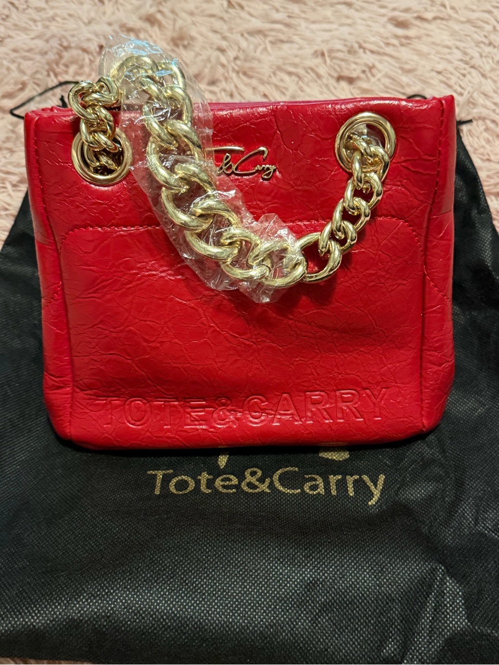 Tote&Carry Red Mini Tote with Gold Chain Handle